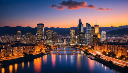 Fototapeta premium Stunning Twilight Cityscape with River and Illuminated Skyline