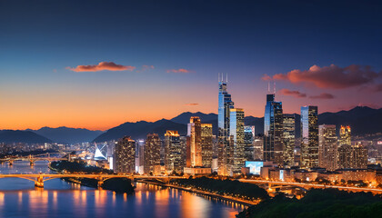 Fototapeta premium Stunning Twilight Cityscape with River and Illuminated Skyline