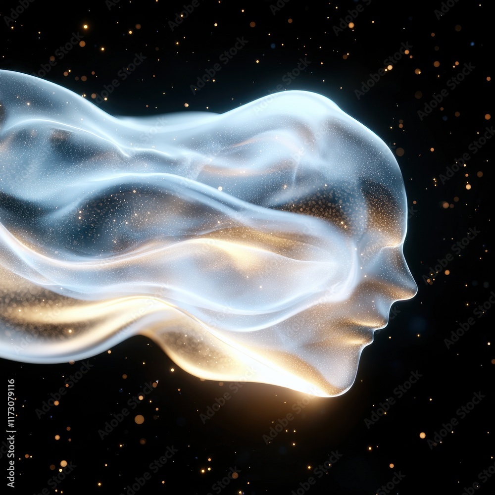 Poster ethereal digital abstract holographic particle flow virtual space 3d animation cosmic environment cl