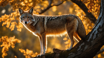Fototapeta premium Coyote standing on a tree branch surrounded by autumn foliage in a bright, golden light