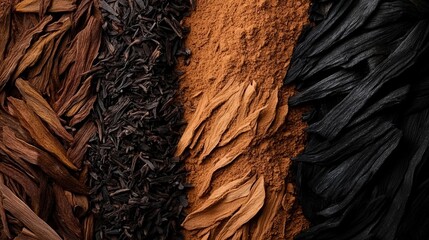 A close-up shot of various shades of brown and black wood shavings and powder, arranged in vertical stripes. The image's rich tones and textures create a sophisticated aesthetic.
