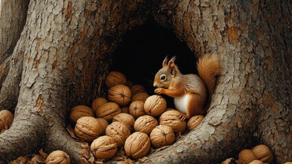 Obraz premium a cute squirrel and nuts inside a tree hollow