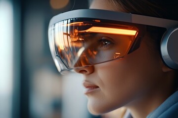 Woman using advanced augmented reality headset in modern workspace during daytime