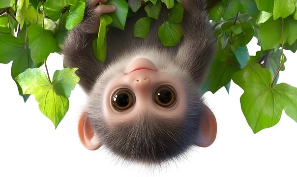 Adorable baby monkey hanging upside down from green vines.