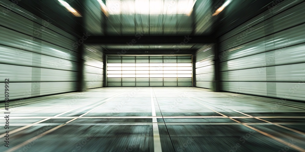 Poster a large empty warehouse with a bright light shining on the floor