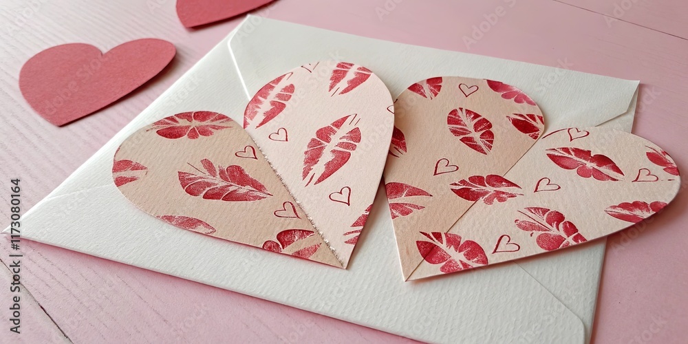 Poster a card with two hearts and a lip print on it