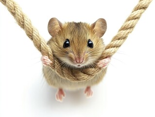A cute mouse hanging from a rope, showcasing its playful and curious nature.