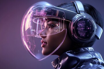 Futuristic woman with high-tech headset and visor engaged in virtual reality experience in a modern setting