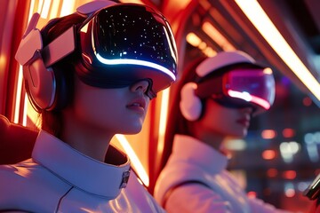 Immersive virtual reality experience with futuristic headset technology in a high-tech environment