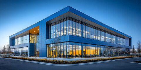 Modern blue glass office building at dusk.