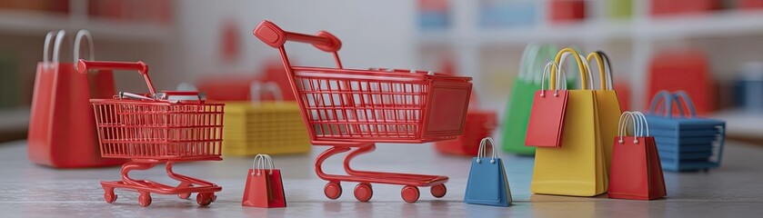 Colorful miniature shopping carts and bags arranged on a surface, symbolizing retail and shopping.