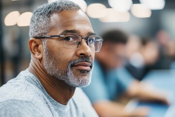 Fototapeta premium Focused man in a modern workspace engaging in a thoughtful activity during a collaborative session