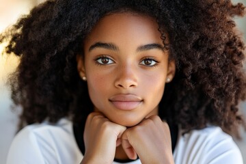 Young girl with curly hair poses thoughtfully in a bright, natural setting during daylight hours