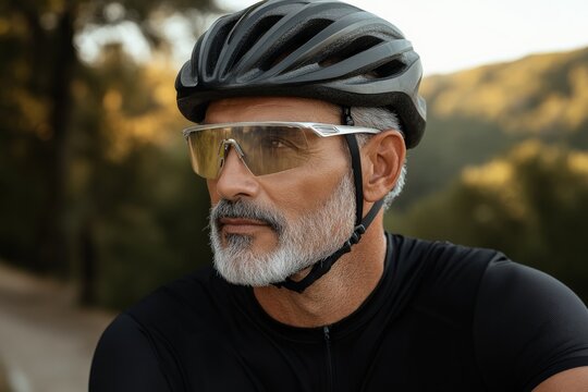 Outdoor cycling with a focused man wearing a helmet and sunglasses on a sunny day in nature