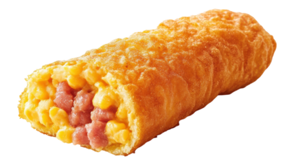 Crispy snack roll filled with creamy macaroni and cheese and savory ham on a clean background.