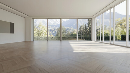 Fototapeta premium Contemporary Unfurnished Room with Parquet Flooring and Windows