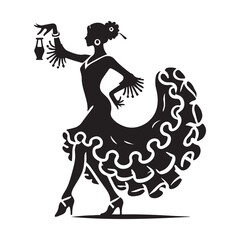 Flamenco Silhouette Vector Illustration, Solid White Background.
