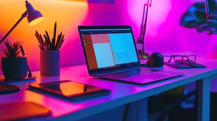Modern workspace with laptop, tablet, and colorful lighting.