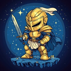 Fototapeta premium A cartoonish golden knight stands on a rock, holding a sword, set against a starry background.