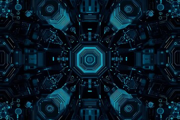 Obraz premium Abstract close-up of a glowing blue digital circuit board, showcasing intricate connections and technological design on a black background. 