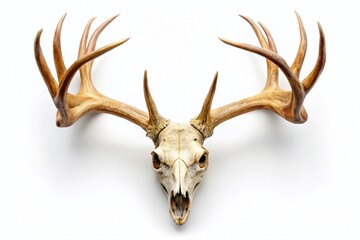 Aerial Drone Shot: Deer Skull with Antlers, Isolated on White