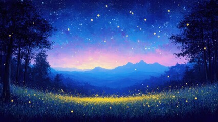 Naklejka premium enchanting scenery with a starry sky, mountains and a glittering beautiful forest