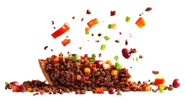 Colorful ingredients tumble from a taco filled with seasoned meat and beans on a white background, showcasing a delicious burst of flavor. - Powered by Adobe