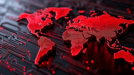Global Network  Red World Map on Circuit Board