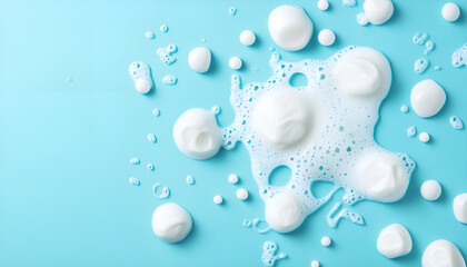 Face cleansing mousse sample. White cleanser foam bubbles on blue background, copy space. Soap, shower gel, shampoo foam texture closeup