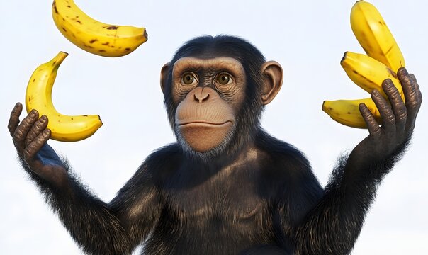 Chimpanzee juggling ripe yellow bananas.
