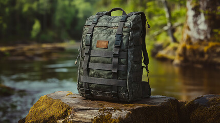 Hiking backpack on a ground during trek in a wild nature. Camping and trekking equipment.
