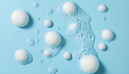 Face cleansing mousse sample. White cleanser foam bubbles on blue background, copy space. Soap, shower gel, shampoo foam texture closeup