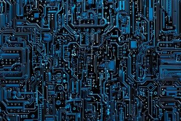Abstract close-up of a glowing blue digital circuit board, showcasing intricate connections and technological design on a black background.
