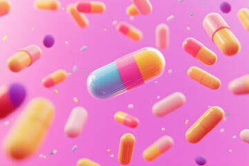 Colorful Capsules and Pills Floating on Pink Background