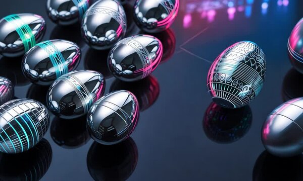 Futuristic Easter eggs with neon blue and pink patterns. Modern celebrations, digital art themes, or unique seasonal concepts