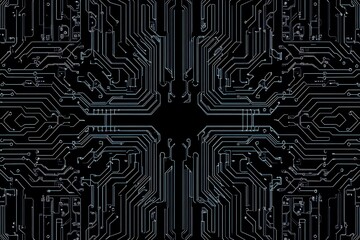 Abstract close-up of a glowing blue digital circuit board, showcasing intricate connections and technological design on a black background.
