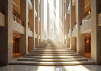 Fototapeta premium Modern architectural interior showcasing grand staircase with natural light