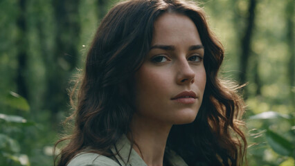 Naklejka premium Woman stands thoughtfully in a lush green forest surrounded by tall trees during the day