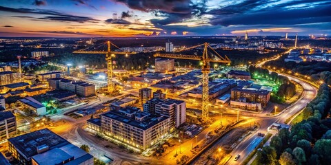 Aerial Night Cityscape: Illuminated Construction Site, Industrial Activity