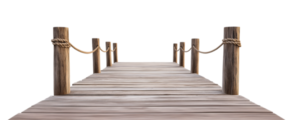 wide wooden pier, seaside dock boardwalk, rope on posts, cutout png