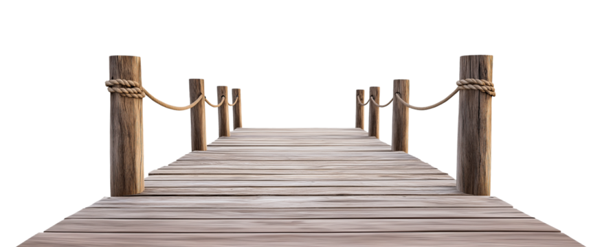 wide wooden pier, seaside dock boardwalk, rope on posts, cutout png