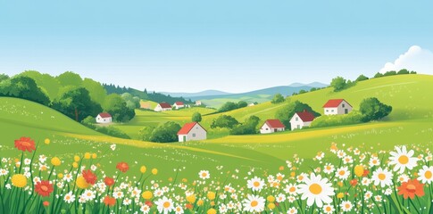 Naklejka premium Idyllic Village nestled in rolling green hills and meadows