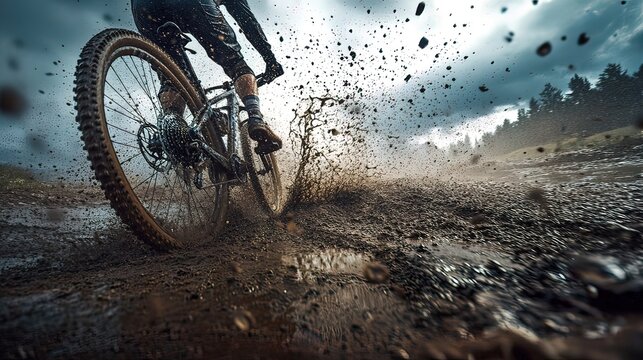Mountain biker splashing through mud puddle on trail.