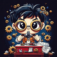 A cartoonish inventor with glasses working on a machine surrounded by gears and blueprints.
