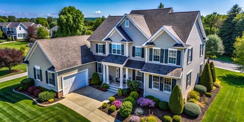Aerial View: Black Double-Hung Vinyl Windows on Vinyl-Sided House