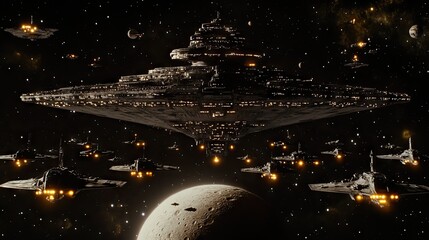 A futuristic space scene featuring a large mothership surrounded by smaller spacecraft and planets.