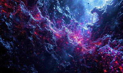 Abstract Swirling Cosmic Nebula With Red, Blue, And Purple Hues And Wispy Textures In A Starry Background