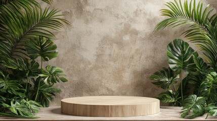 Wooden Product Display Platform with Tropical Plants