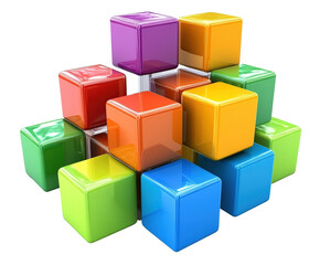 A stack of colorful blocks with a white background. The blocks are arranged in a pyramid shape. The colors of the blocks are red, yellow, green, and blue. Concept of creativity and playfulness