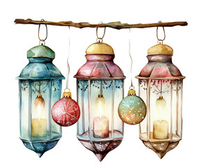 Obraz premium Three colorful lanterns hanging from a branch with a lit candle in each one. The lanterns are decorated with Christmas ornaments and the candles are lit. The scene is warm and inviting